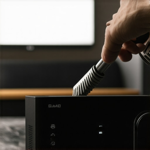 A person cleaning dust from the vents of a home theater AV receiver for maintenance.
