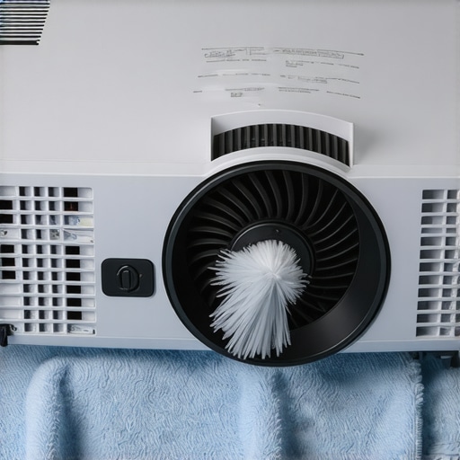 An anti-static brush delicately removing dust from a projector cooling fan during maintenance.