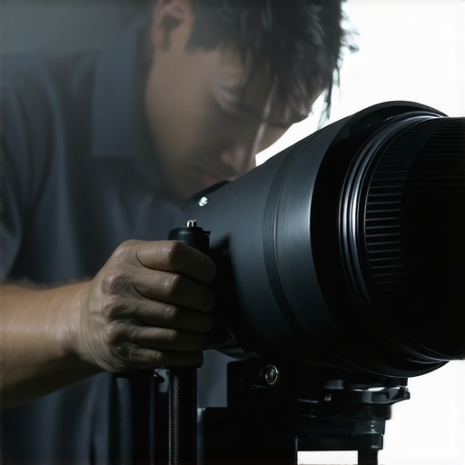Cleaning a High-End Projector Lens Safely A hand using a specialized air blower to remove dust from a projector lens.