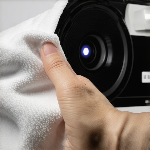 Microfiber cloth cleaning dust off a high-end projector lens
