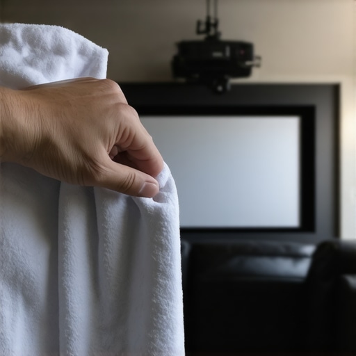 Cleaning a high contrast projection screen with microfiber A person cleaning a projector screen to maintain high image quality in a home cinema.