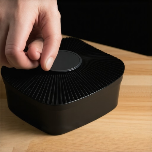 Hands carefully cleaning a black plastic projector air filter with a soft brush to remove dust buildup