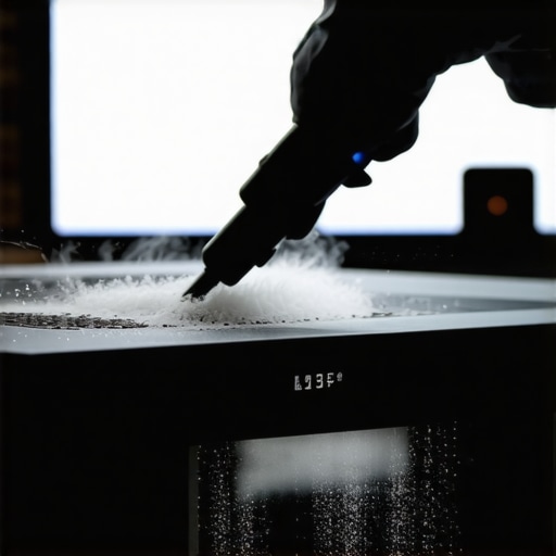 A professional electric duster clearing dust from the back of an AV receiver to prevent overheating.