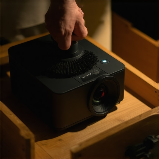 A person using a professional blower brush to clean a projector lens inside a custom drawer.
