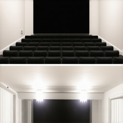 Comparison of Room Treatments for Projector Contrast Side-by-side view showing how black velvet room treatments significantly improve projector screen contrast compared to white walls.