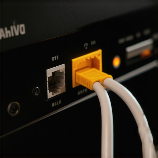 Close up of an Ethernet cable plugging into the back of a home theater receiver network port