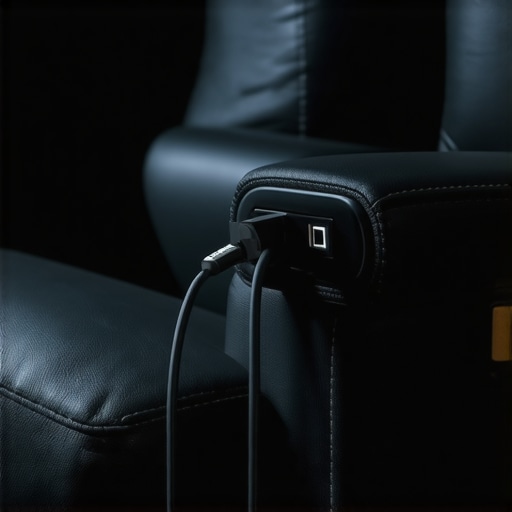 Connecting a high-speed charging cable to theater seating USB charging port on a luxury theater recliner