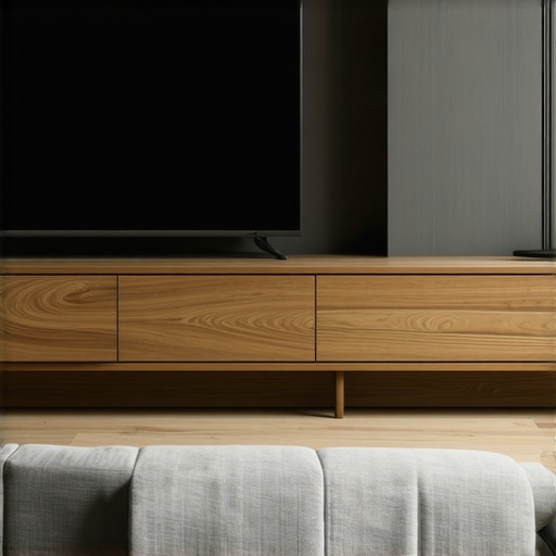 Custom Media Console with Acoustically Transparent Fabric Doors A stylish wooden media console designed to hide a massive subwoofer behind acoustic fabric doors.