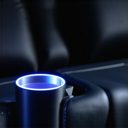 Close up of a theater seat cup holder with a dimmed blue LED light to reduce glare in a dark home cinema.