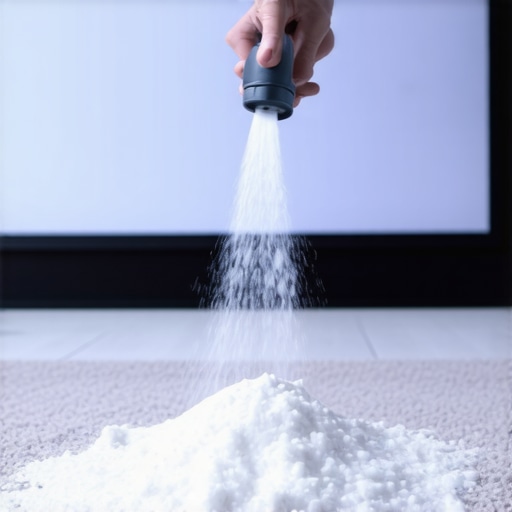 Dry Extraction Method for Theater Carpets Applying dry carpet cleaning powder to a home cinema rug to remove odors.