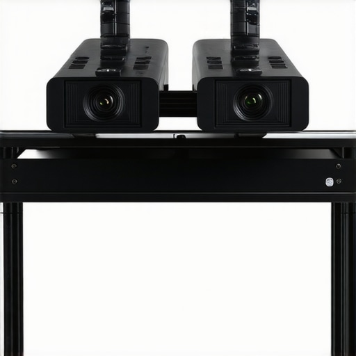 Dual Projector Passive 3D Alignment Rig A dual-projector setup for passive 3D cinema featuring stacked projectors and polarizing filters.