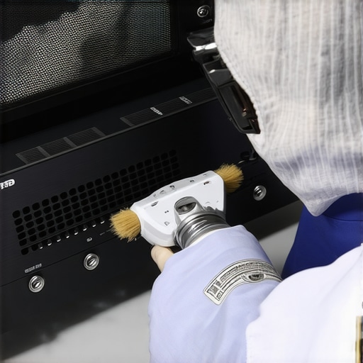 Cleaning dust from the vents of a home theater receiver with a brush and compressed air.