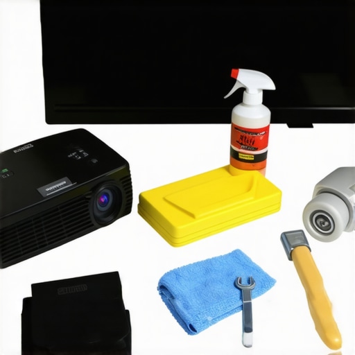 Essential Home Theater Maintenance Tools A collection of tools used for cleaning and maintaining projectors and theater equipment