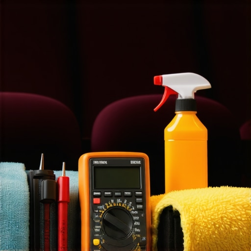 A professional toolkit for home theater gear including a multimeter and cleaning supplies.