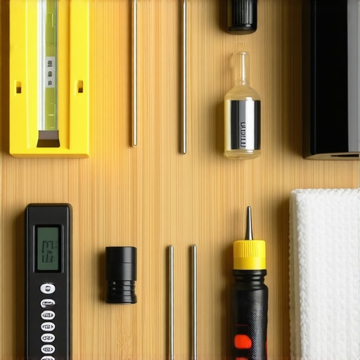 A collection of tools for home theater maintenance including a level and cleaning supplies.