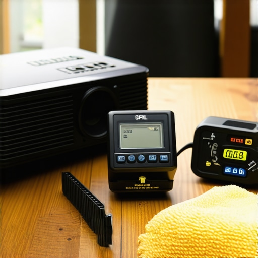 Close up of home cinema maintenance tools including SPL meter and laser level