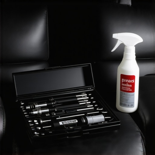 Home theater maintenance toolkit with precision tools and leather cleaner.