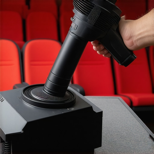 Cleaning a projector lens with a rocket air blower to remove dust without contact.
