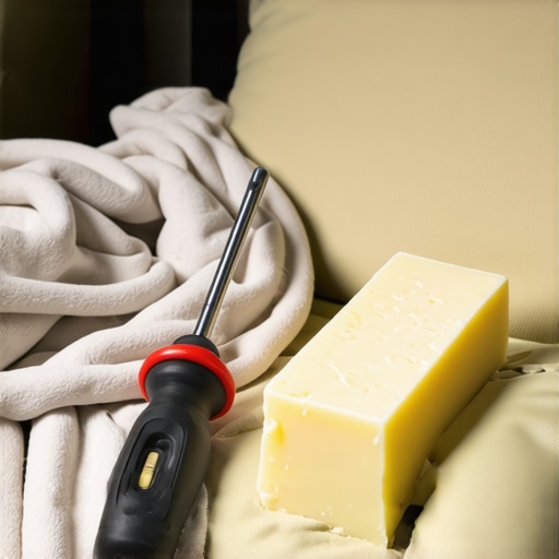 Close up of a torque wrench and paraffin wax used for silencing theater chair frames.