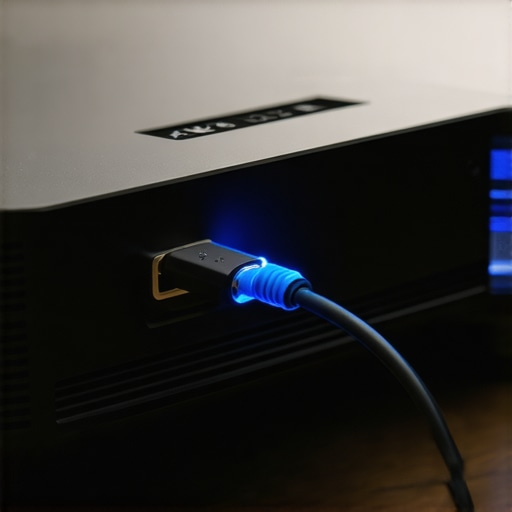 A fiber optic HDMI cable being inserted into a projector port to fix signal flickering.