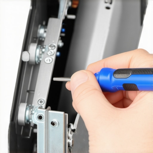 Close-up of a person adjusting the tension brackets inside a motorized projector screen housing to eliminate noise.