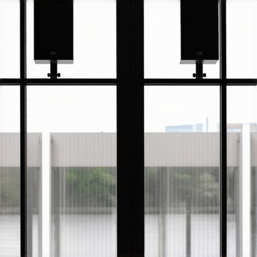 A professional tension pole mounting system for speakers in front of a glass wall.