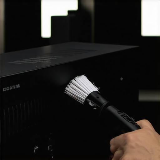 Gentle dusting of AV receiver vents A person cleaning dust from a home theater receiver to prevent overheating