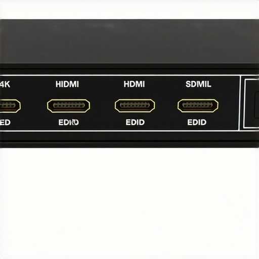 HDMI Splitter with EDID Management Switches A close up of a 4K HDMI splitter showing the EDID settings switches used to fix handshake errors.