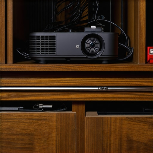 Close-up of industrial drawer slides and cooling fans integrated into a custom projector cabinet.