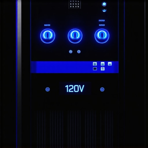 A professional power conditioner showing stable voltage in a home cinema rack.