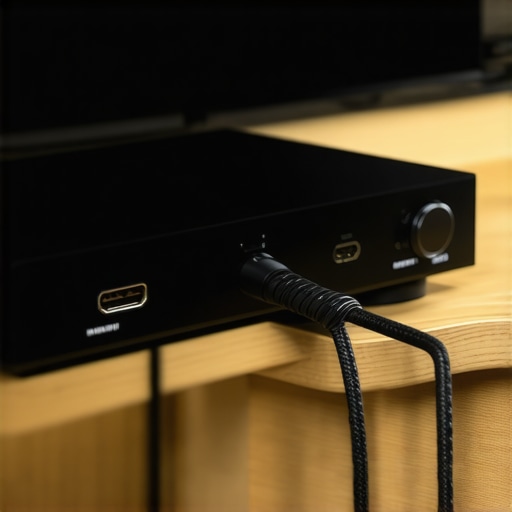 High-Quality Home Cinema Equipment Connections A close up of a 4K Blu-ray player and AV receiver connected via high-speed HDMI cables for lossless audio.