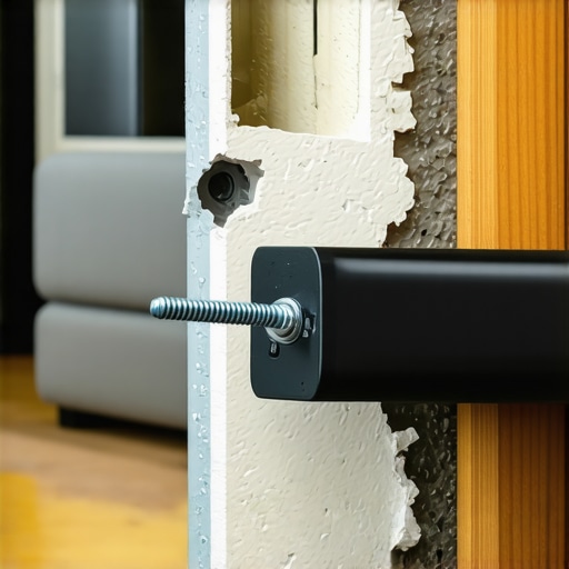 A heavy-duty metal toggle bolt being used to secure a soundbar bracket into drywall.