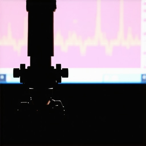 UMIK-1 microphone on a tripod during a home theater sound calibration session.