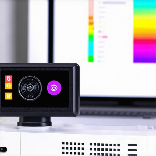 A technician using a colorimeter to calibrate a home theater projector screen.