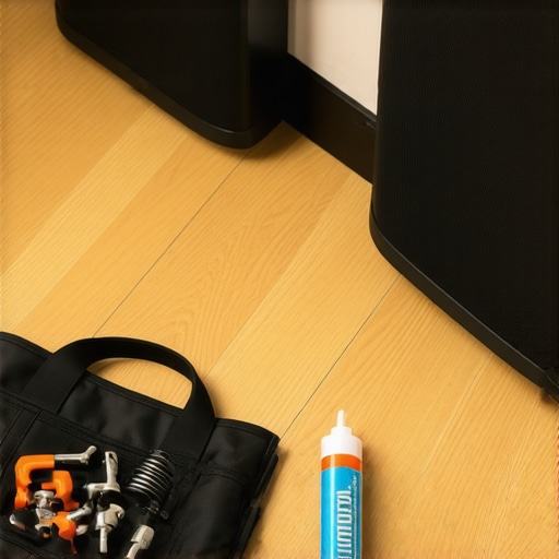 A black tool bag with screwdriver and gasketing tape on a home theater floor