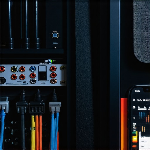 A smartphone being used to calibrate a home theater system next to a professional media rack.