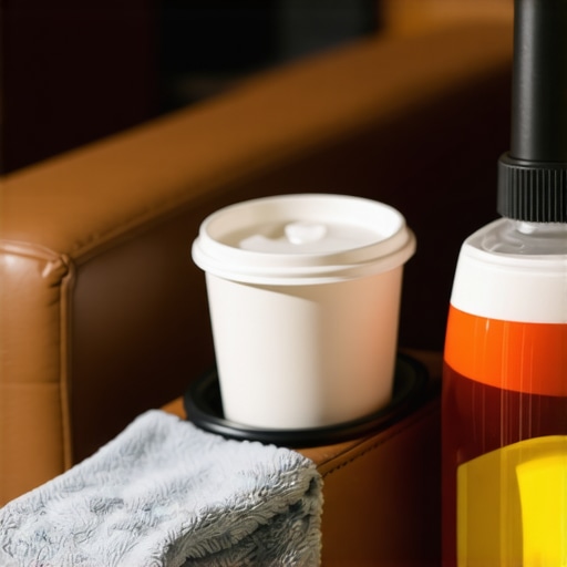Premium leather conditioner and microfiber cloth next to a home theater chair cup holder