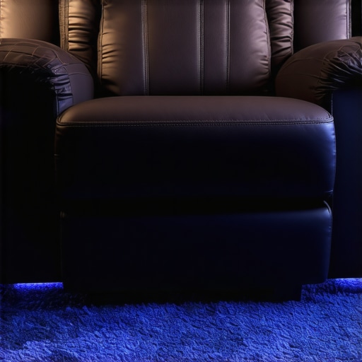 Close-up of theater carpet and leather seating showing the relationship between floor textures and furniture in a media room.