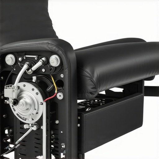 An internal view of a home theater recliner showing the metal frame and power cable management.