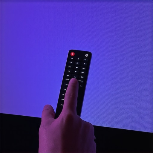 A home theater remote being pointed at a micro-perforated screen to test infrared signal response.