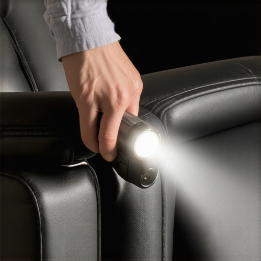 Close-up of home theater chair hardware inspection with flashlight