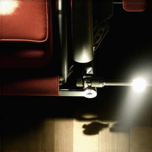 A detailed view of a theater seat mechanical frame being inspected for bends or obstructions.