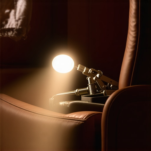A technician checking the metal joints of a theater seat with a flashlight to find the source of a squeak.