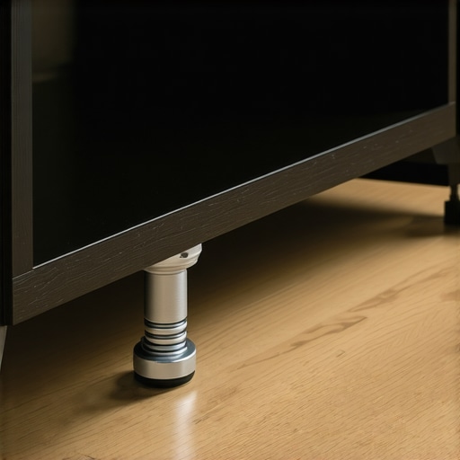 Adjustable steel leveling feet on a wooden media console