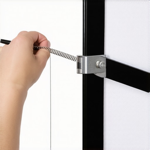 A detailed shot showing how to properly hook tension springs onto a fixed frame projector screen.