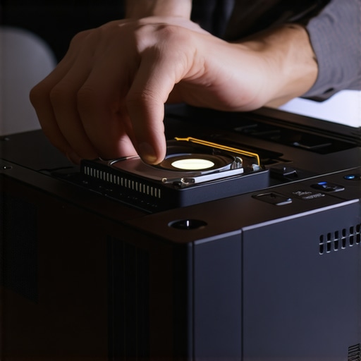 Close up of hands inserting a replacement lamp into a projector