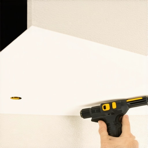 A wooden board being leveled against a popcorn ceiling for a stable projector installation.