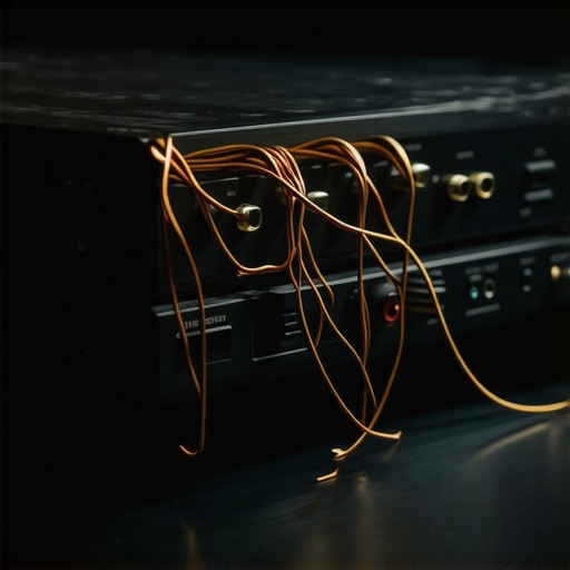 Close up of a loose copper speaker wire strand causing a short circuit on an AV receiver back panel.