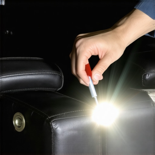 A technician applying lubricant to the metal joints of a recliner to stop squeaking.