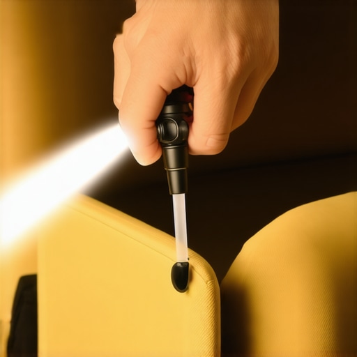 Close-up of a person applying dry lubricant to the metal joints of a theater chair to stop squeaks.